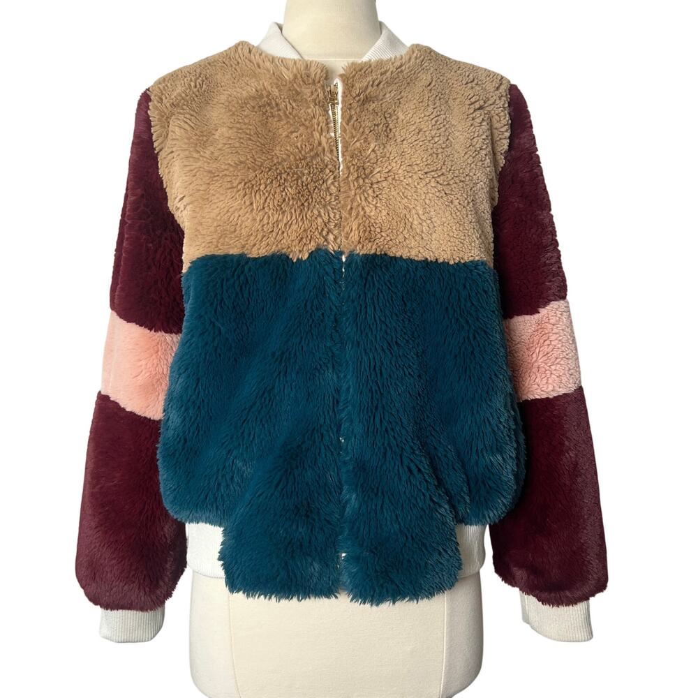 SHACI Teddy Full Zip Bomber Jacket Color Blocked Multicolor Preppy Chic Size M